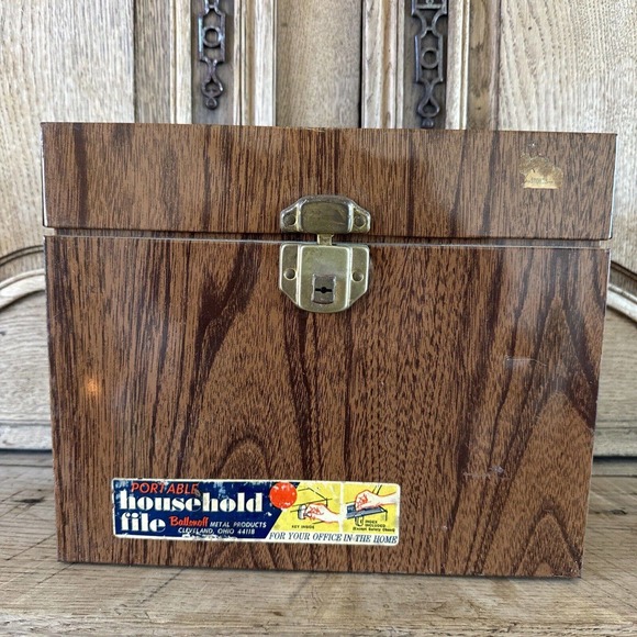 Ballonoff Portable Metal File Storage Box No Key Brown Wood Grain 70s Retro - Picture 1 of 11